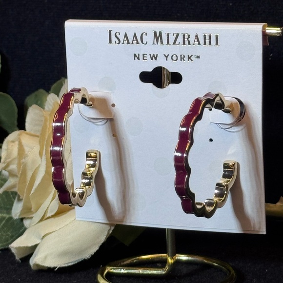 ISAAC MIZRAHI Burgandy & Gold Tone Open Hoop Earrings 1.5 inch approx - Picture 1 of 9